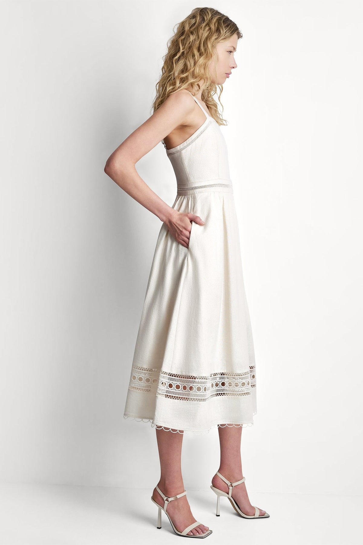 LINEN-BLEND LACE-TRIMMED MIDI DRESS - Coconut | DKNY