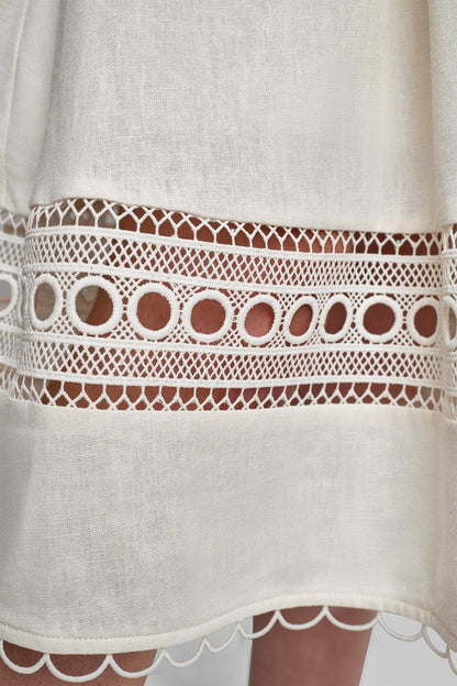 LINEN-BLEND LACE-TRIMMED MIDI DRESS - Coconut | DKNY