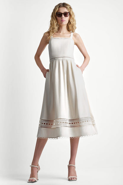 LINEN-BLEND LACE-TRIMMED MIDI DRESS - Coconut | DKNY
