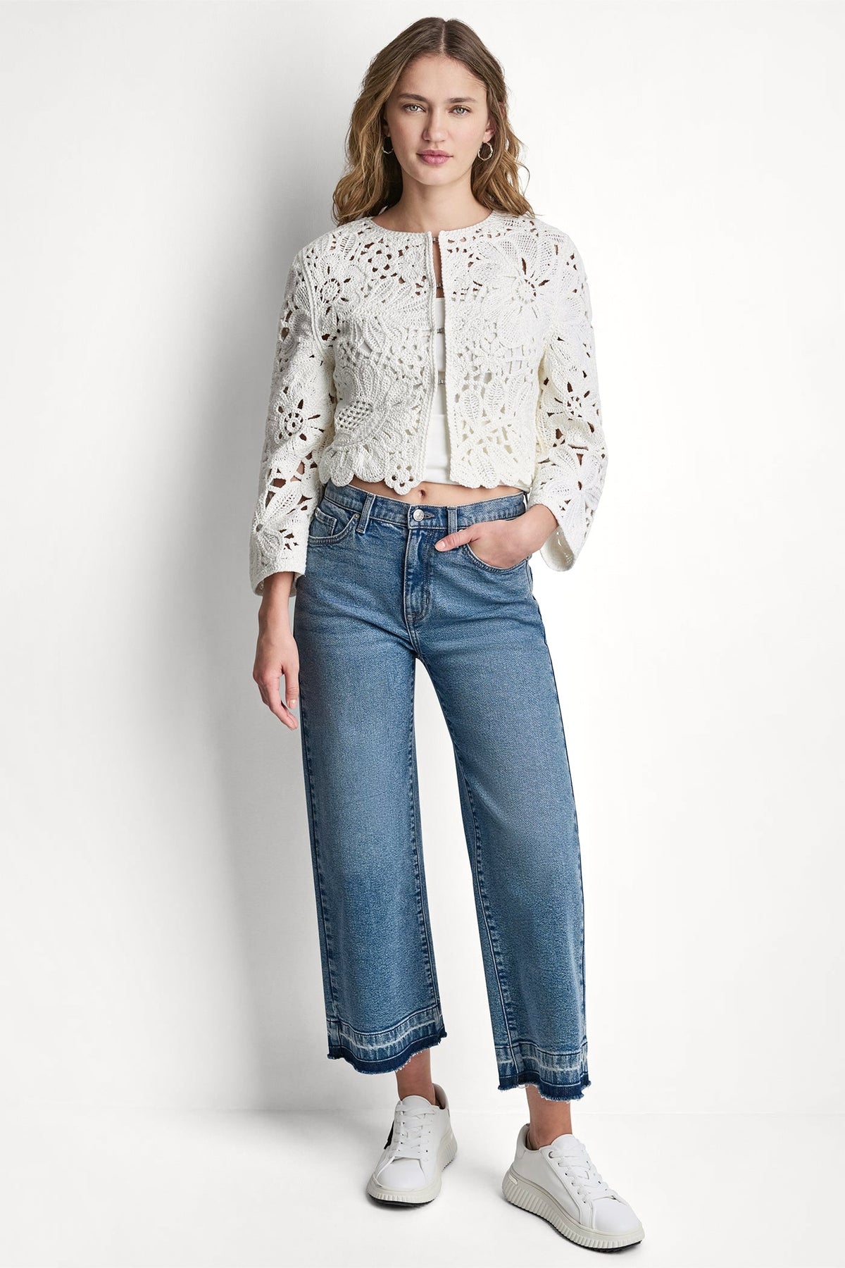FLORAL CROCHET CARDIGAN WITH SCALLOP HEM - Eggnog | DKNY