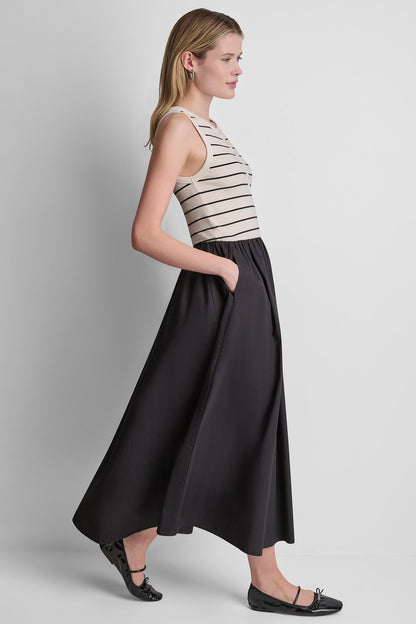 RIB HENLEY TANK MAXI DRESS - Black | DKNY