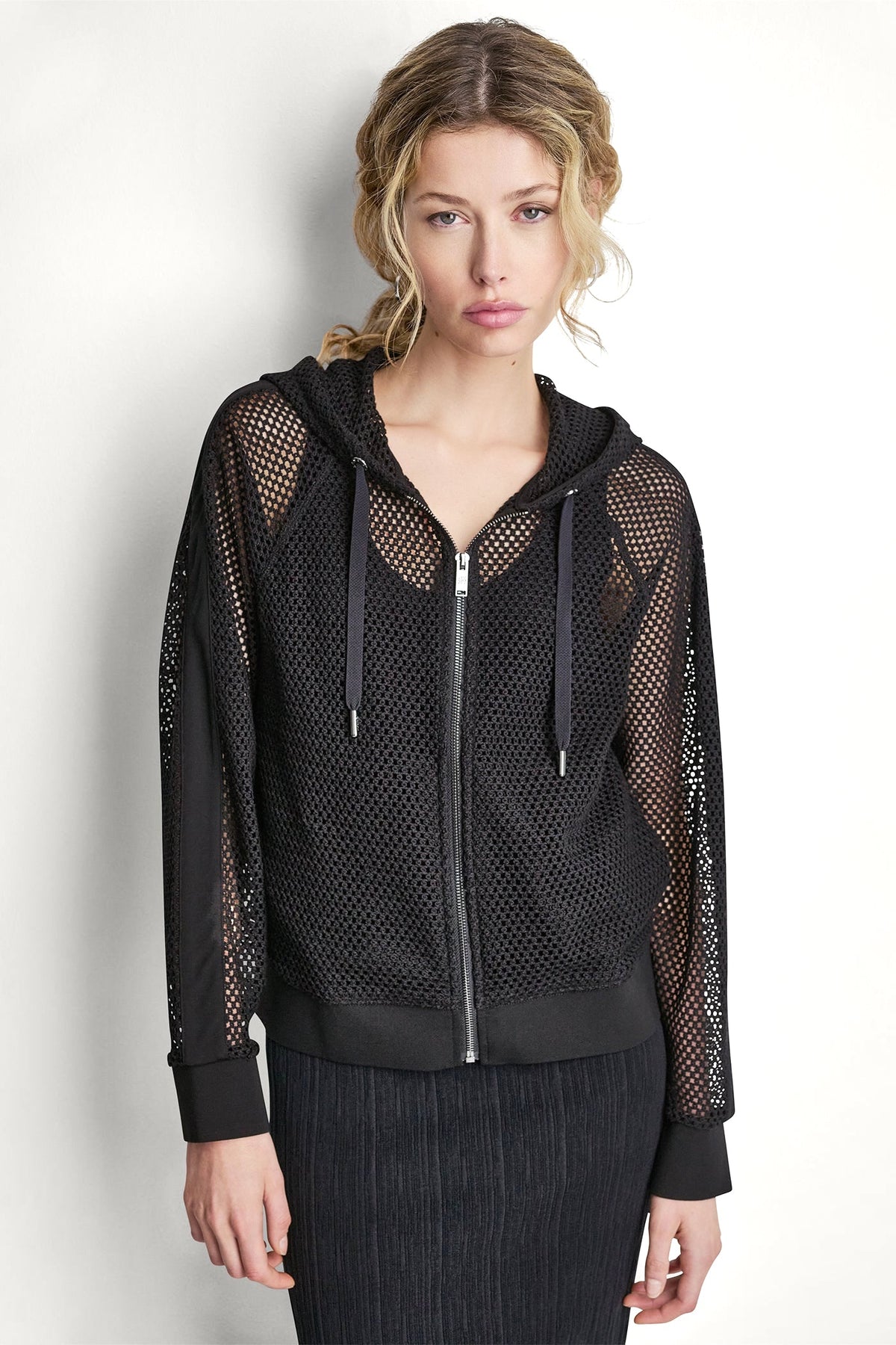 MESH LOGO ZIP-UP HOODIE - Black | DKNY