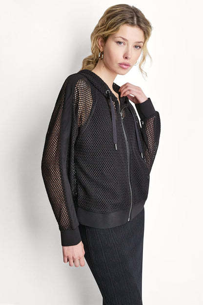 MESH LOGO ZIP-UP HOODIE - Black | DKNY