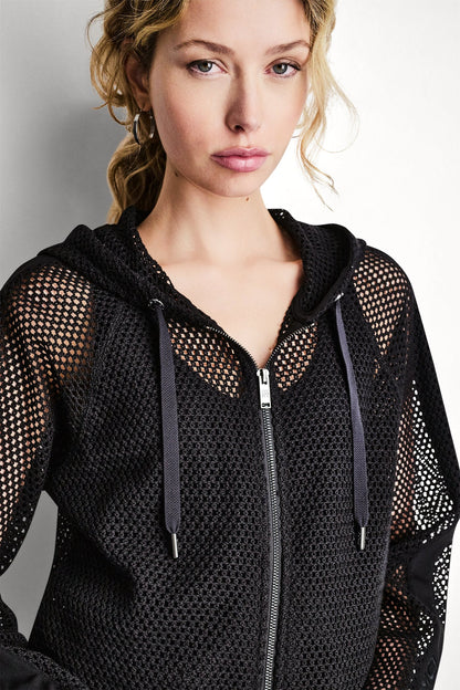 MESH LOGO ZIP-UP HOODIE - Black | DKNY
