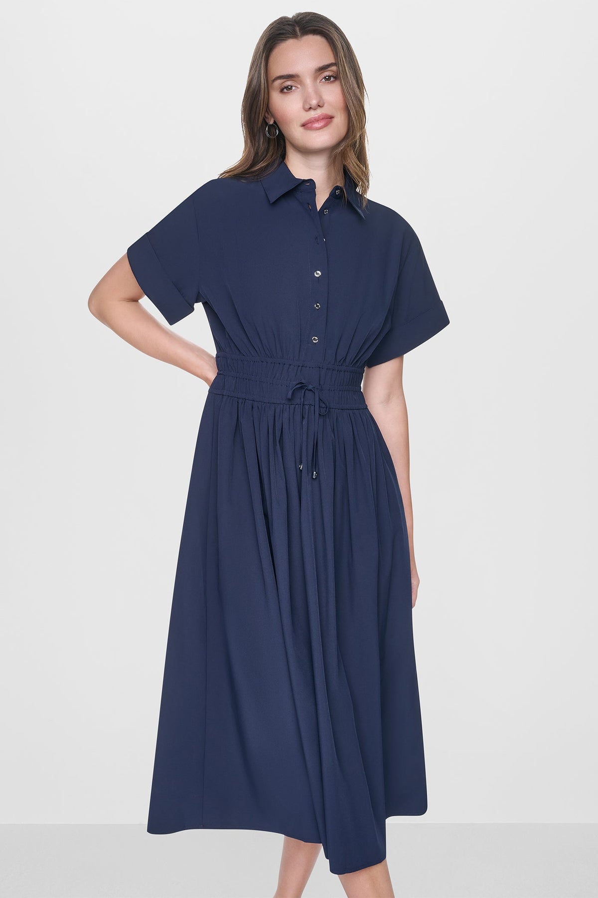 CAP SLEEVE MIDI COMMUTER SHIRT DRESS - Spring Navy | DKNY