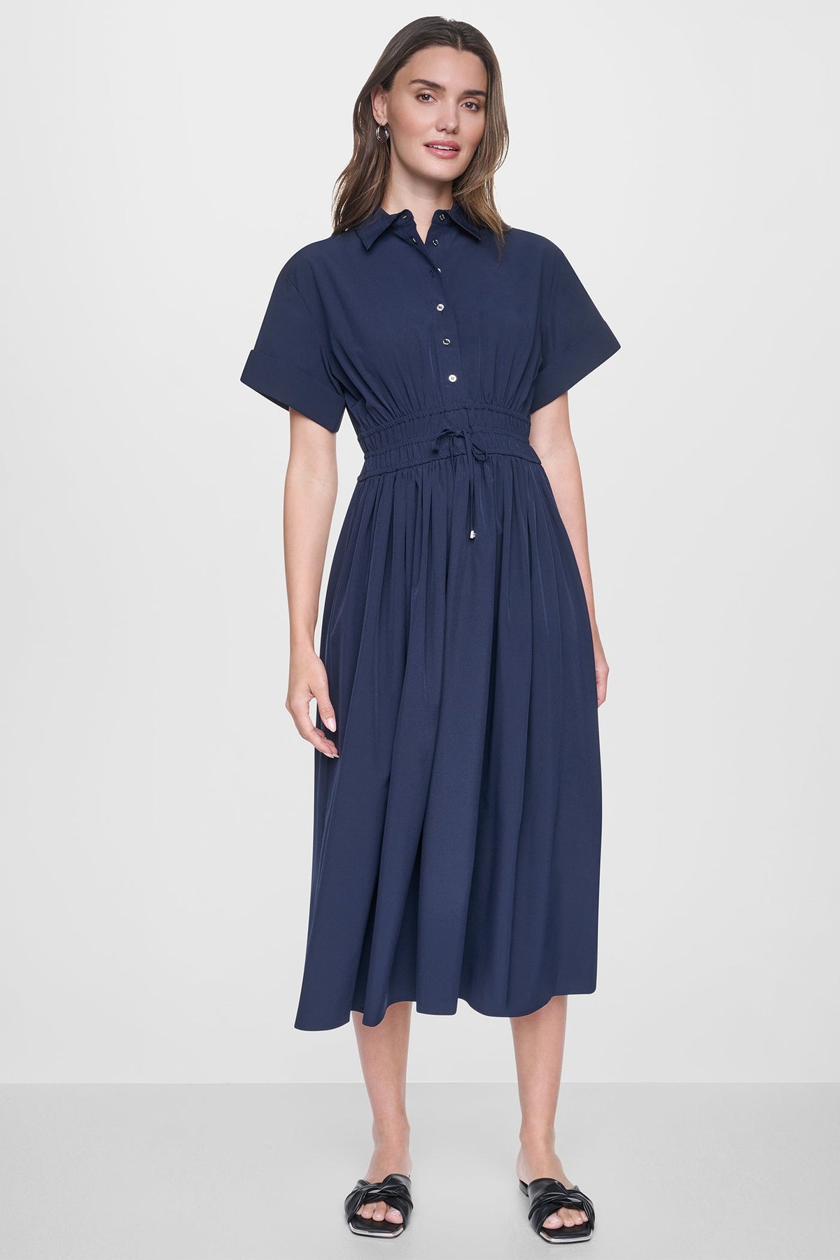 CAP SLEEVE MIDI COMMUTER SHIRT DRESS - Spring Navy | DKNY