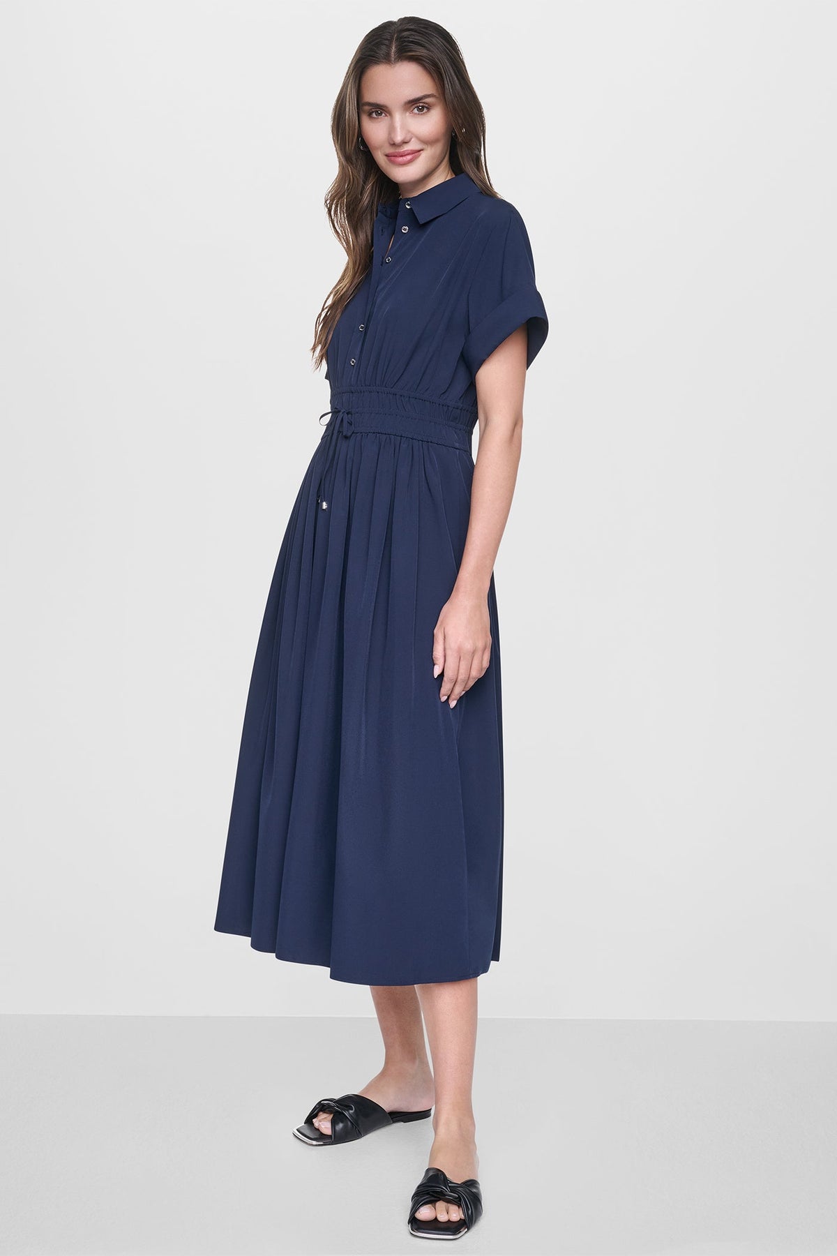 CAP SLEEVE MIDI COMMUTER SHIRT DRESS - Spring Navy | DKNY
