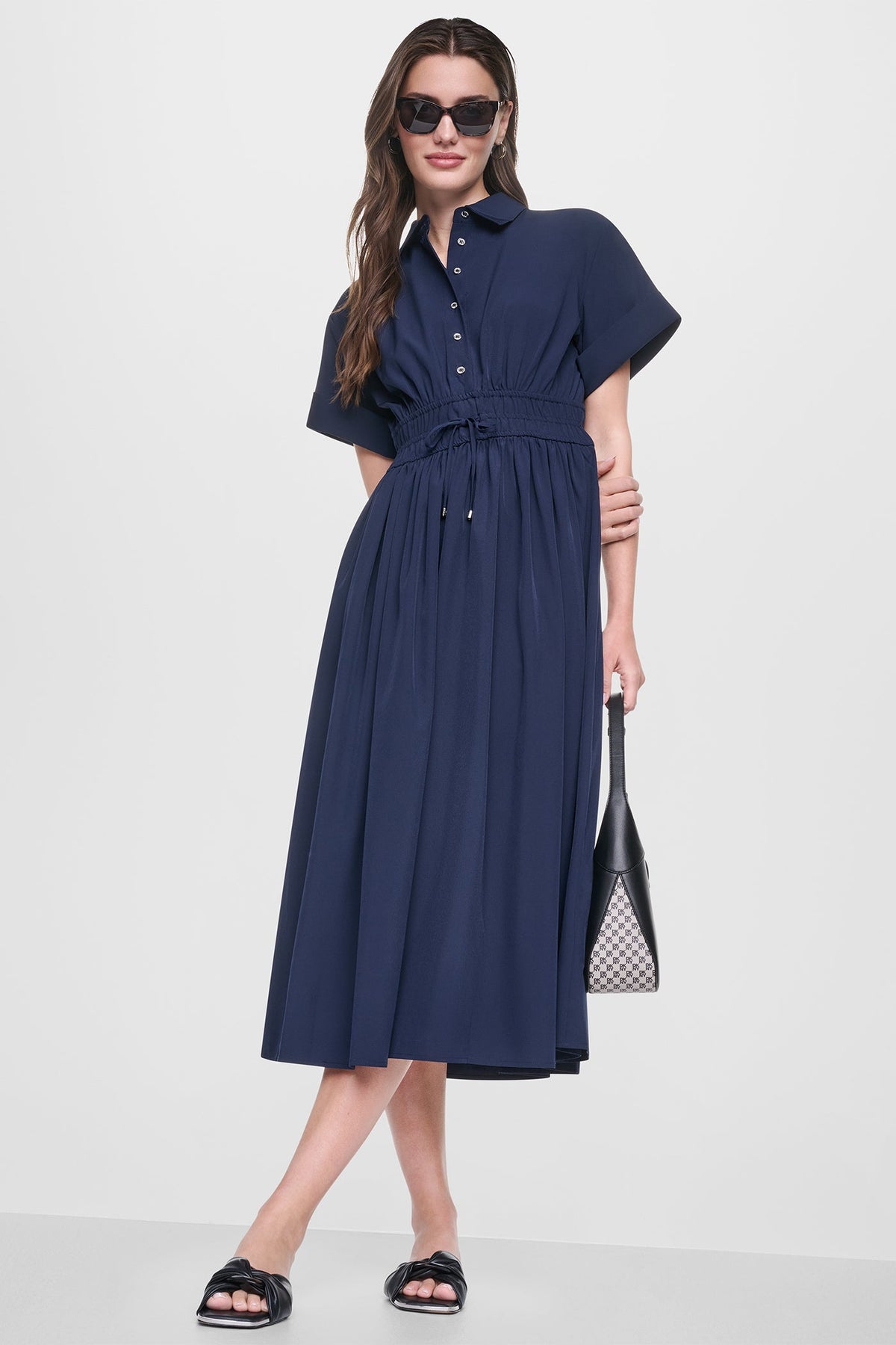 CAP SLEEVE MIDI COMMUTER SHIRT DRESS - Spring Navy | DKNY