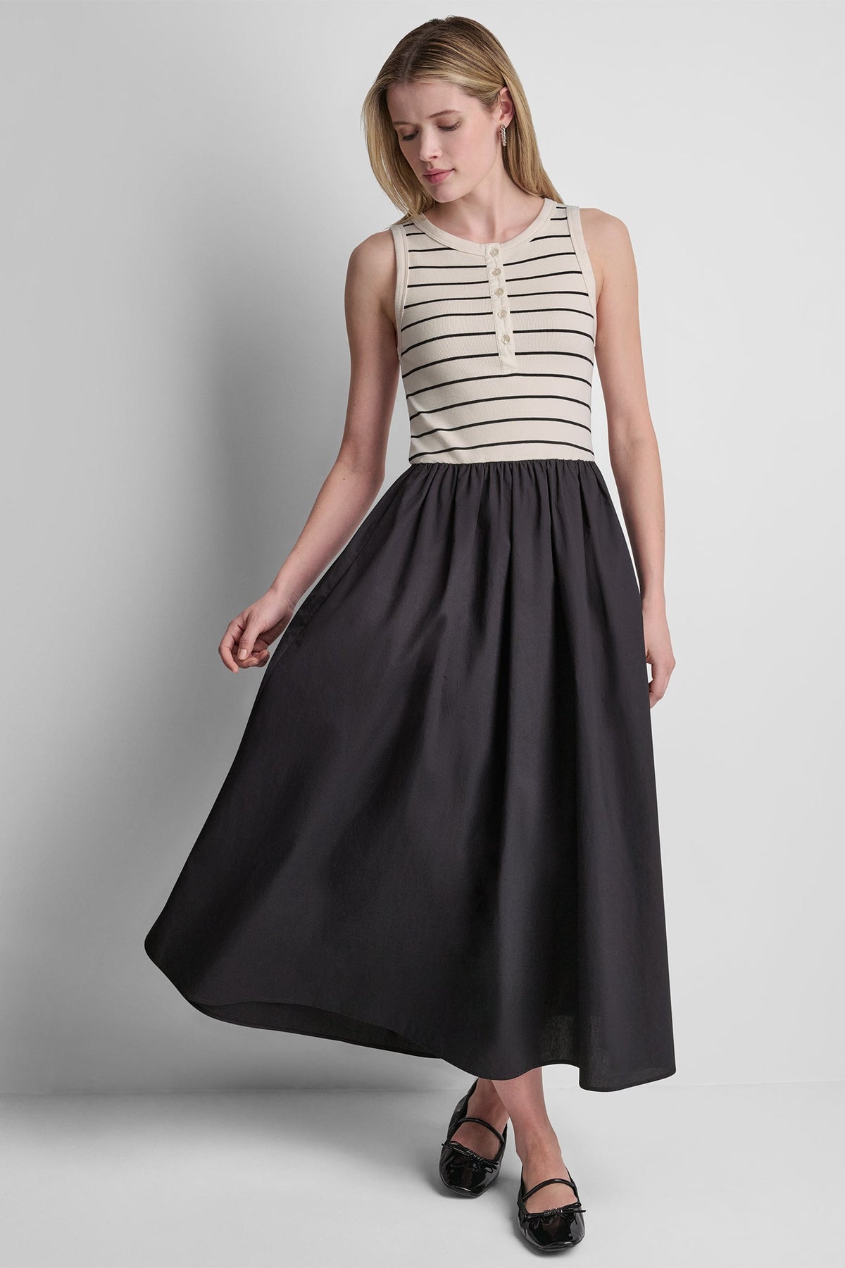 RIB HENLEY TANK MAXI DRESS - Hudson Striped Eggnog/Black | DKNY