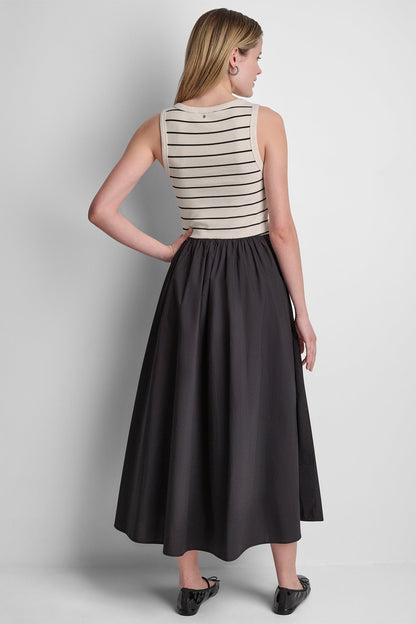 RIB HENLEY TANK MAXI DRESS - Hudson Striped Eggnog/Black | DKNY