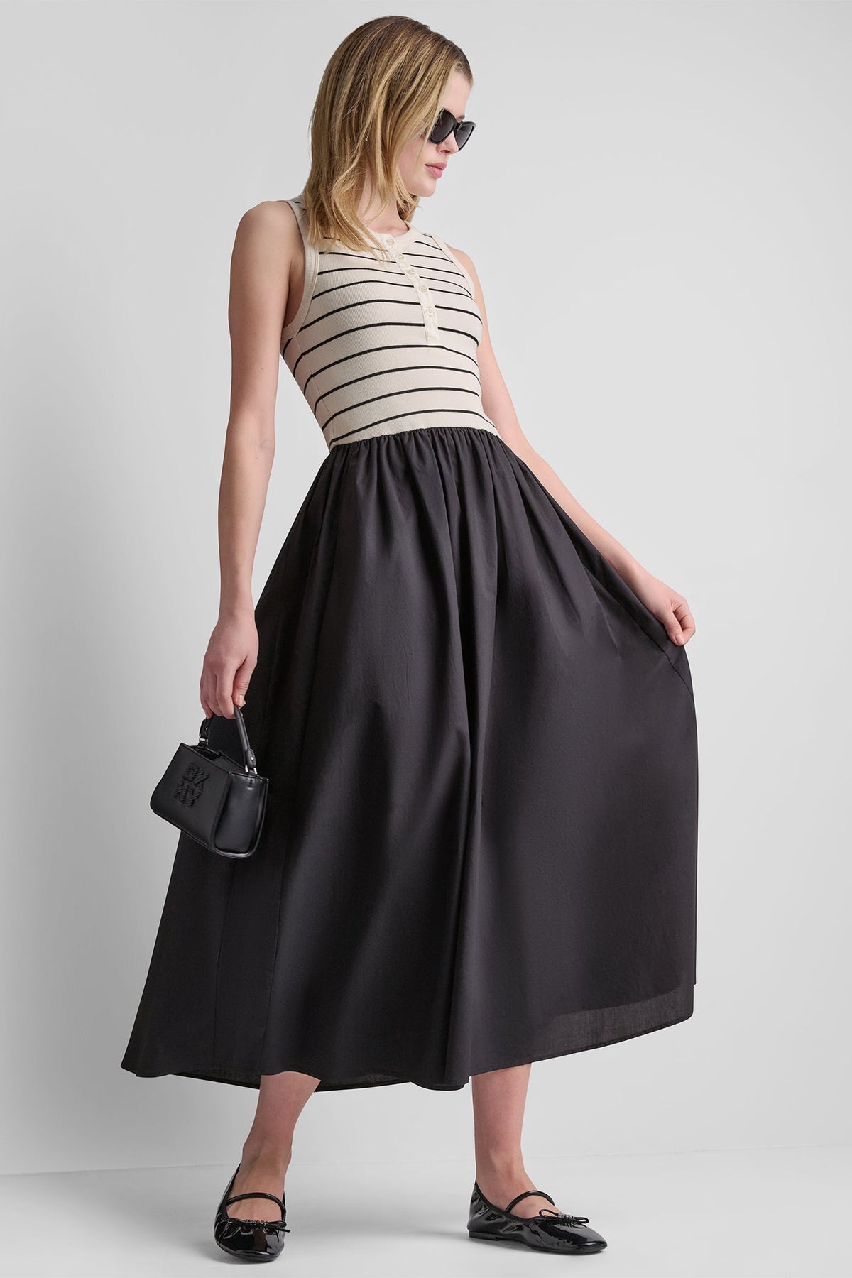 RIB HENLEY TANK MAXI DRESS - Hudson Striped Eggnog/Black | DKNY