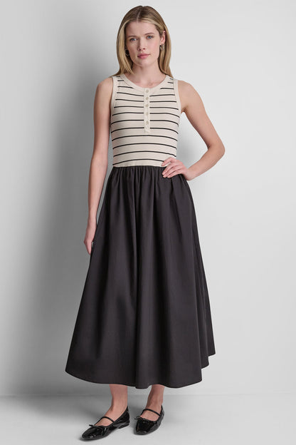 RIB HENLEY TANK MAXI DRESS - Hudson Striped Eggnog/Black | DKNY
