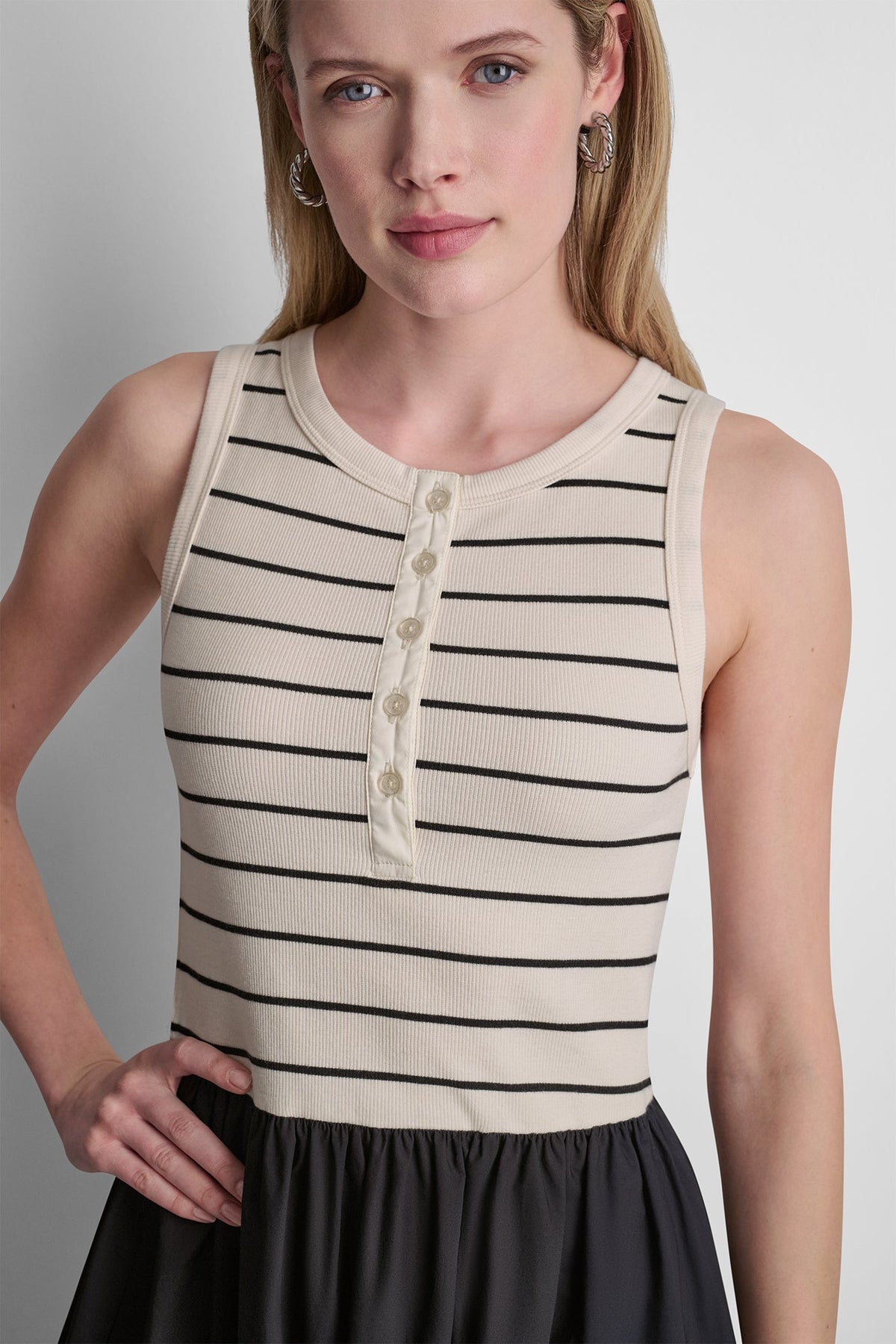 RIB HENLEY TANK MAXI DRESS - Hudson Striped Eggnog/Black | DKNY