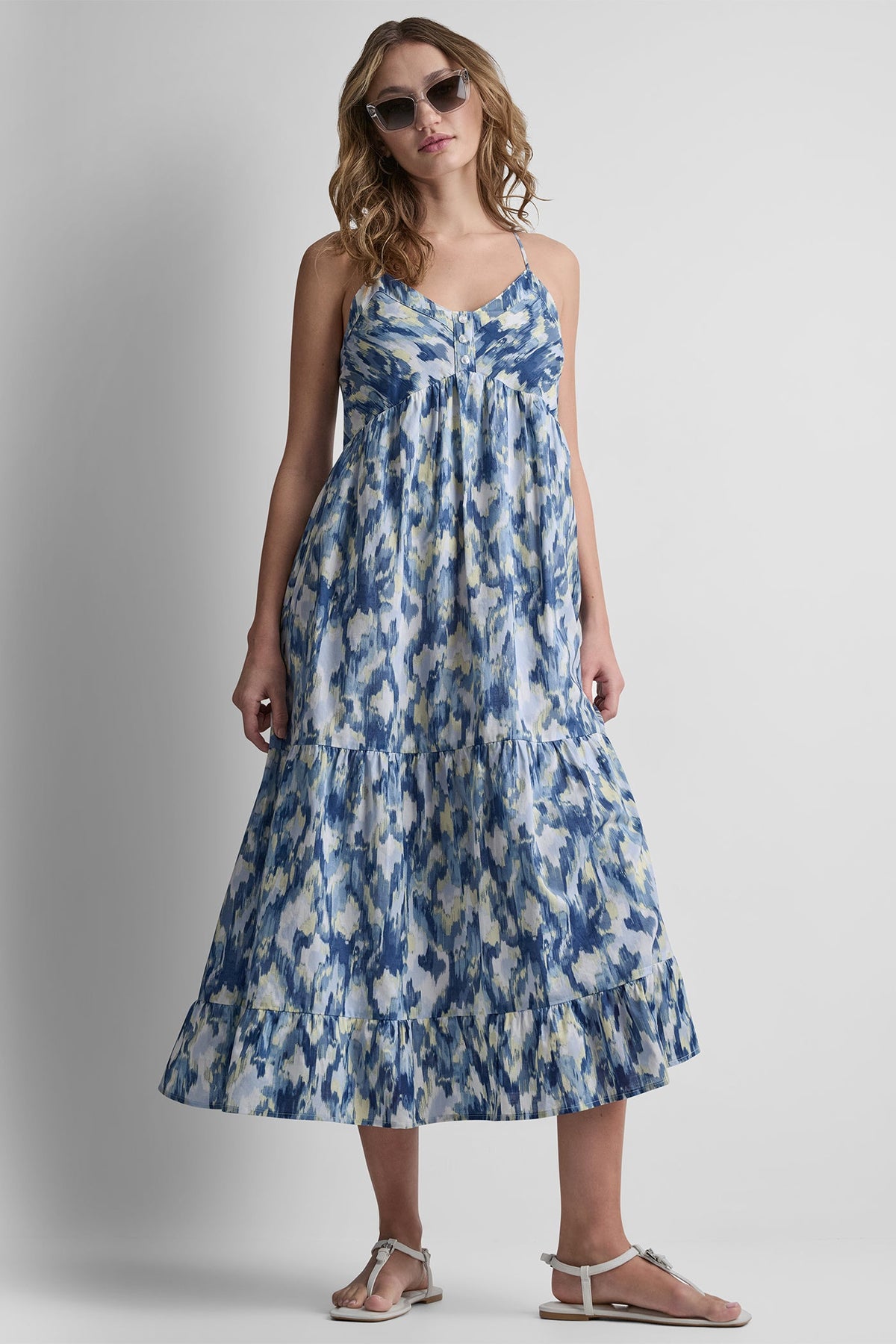 PRINTED TIERED MIDI TANK DRESS - Ikat Blur Chambray | DKNY