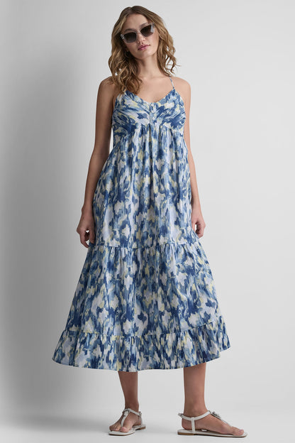 PRINTED TIERED MIDI TANK DRESS - Ikat Blur Chambray | DKNY