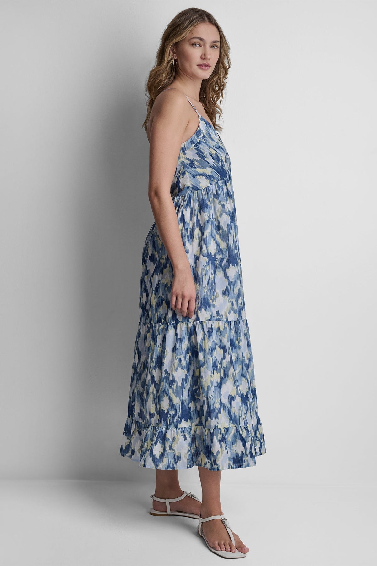 PRINTED TIERED MIDI TANK DRESS - Ikat Blur Chambray | DKNY