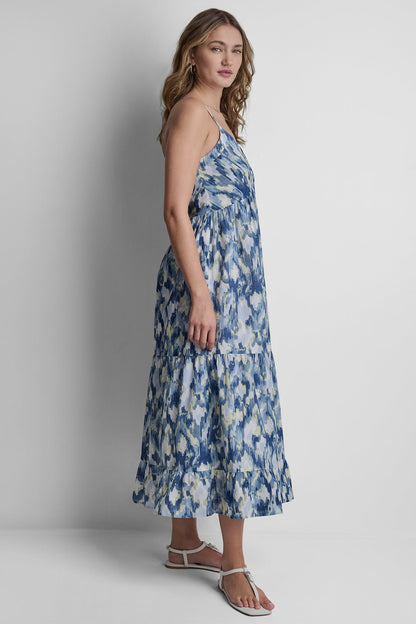 PRINTED TIERED MIDI TANK DRESS - Ikat Blur Chambray | DKNY