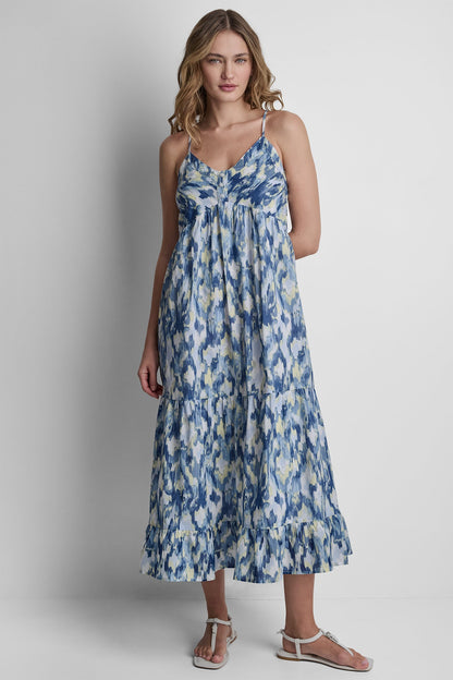 PRINTED TIERED MIDI TANK DRESS - Ikat Blur Chambray | DKNY