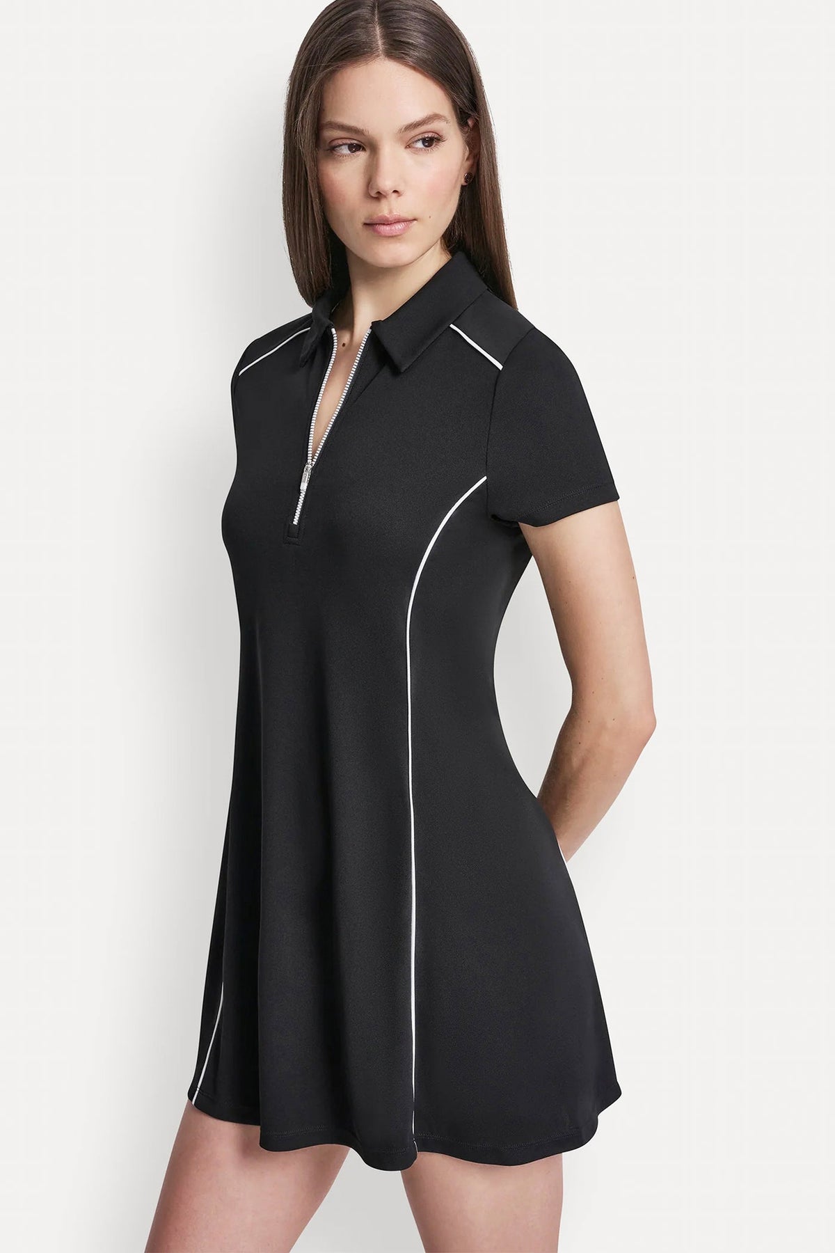 HALF-ZIP POLO DRESS WITH CONTRAST PIPING - White/Black | DKNY