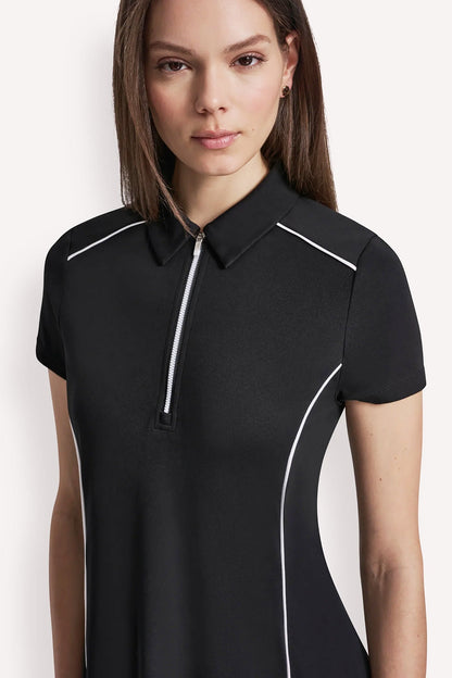 HALF-ZIP POLO DRESS WITH CONTRAST PIPING - White/Black | DKNY