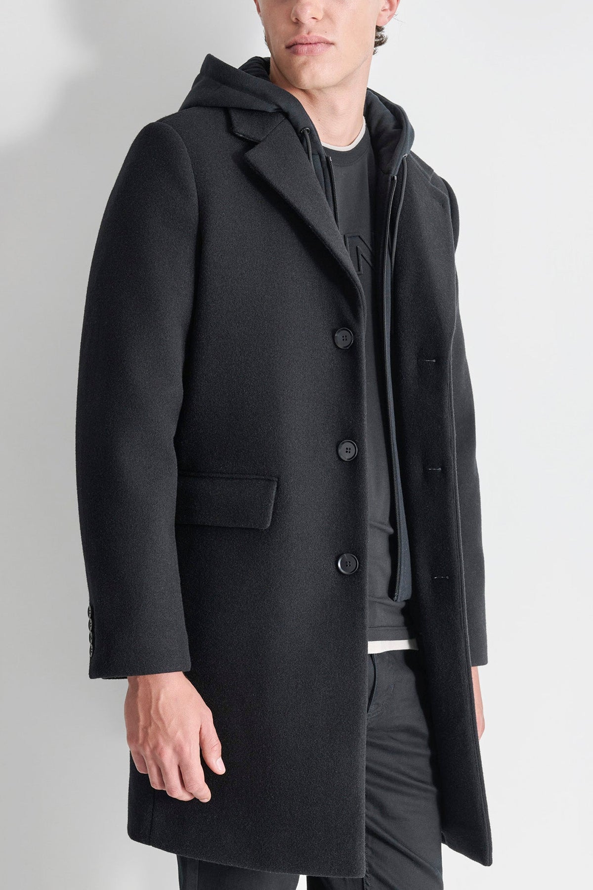 FAUX WOOL COAT WITH HOODED BIB - CHARCOAL | DKNY