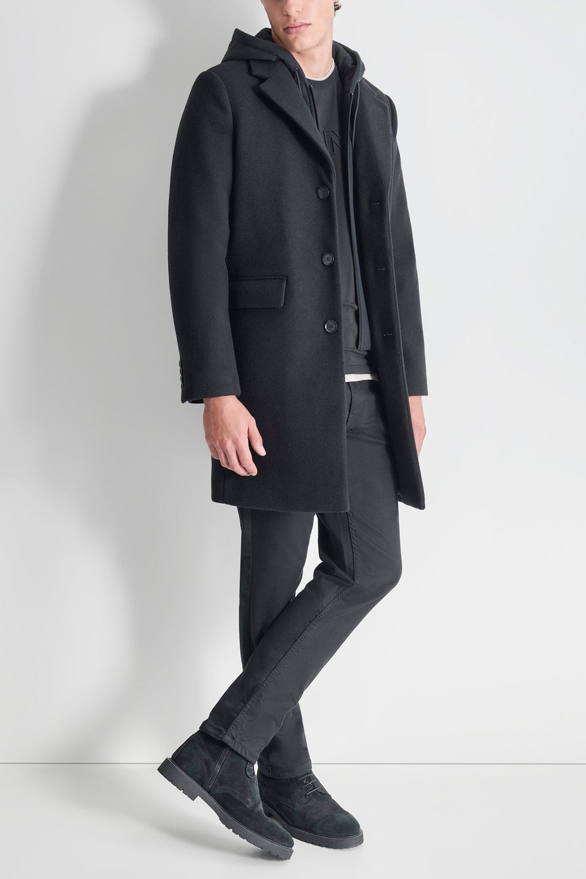 FAUX WOOL COAT WITH HOODED BIB - CHARCOAL | DKNY