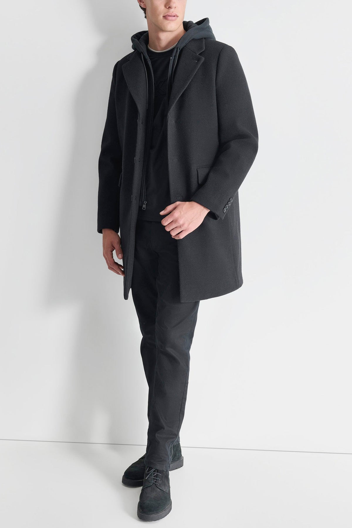 FAUX WOOL COAT WITH HOODED BIB - CHARCOAL | DKNY