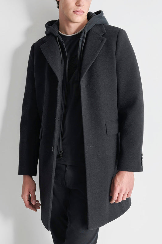 FAUX WOOL COAT WITH HOODED BIB - Black | DKNY