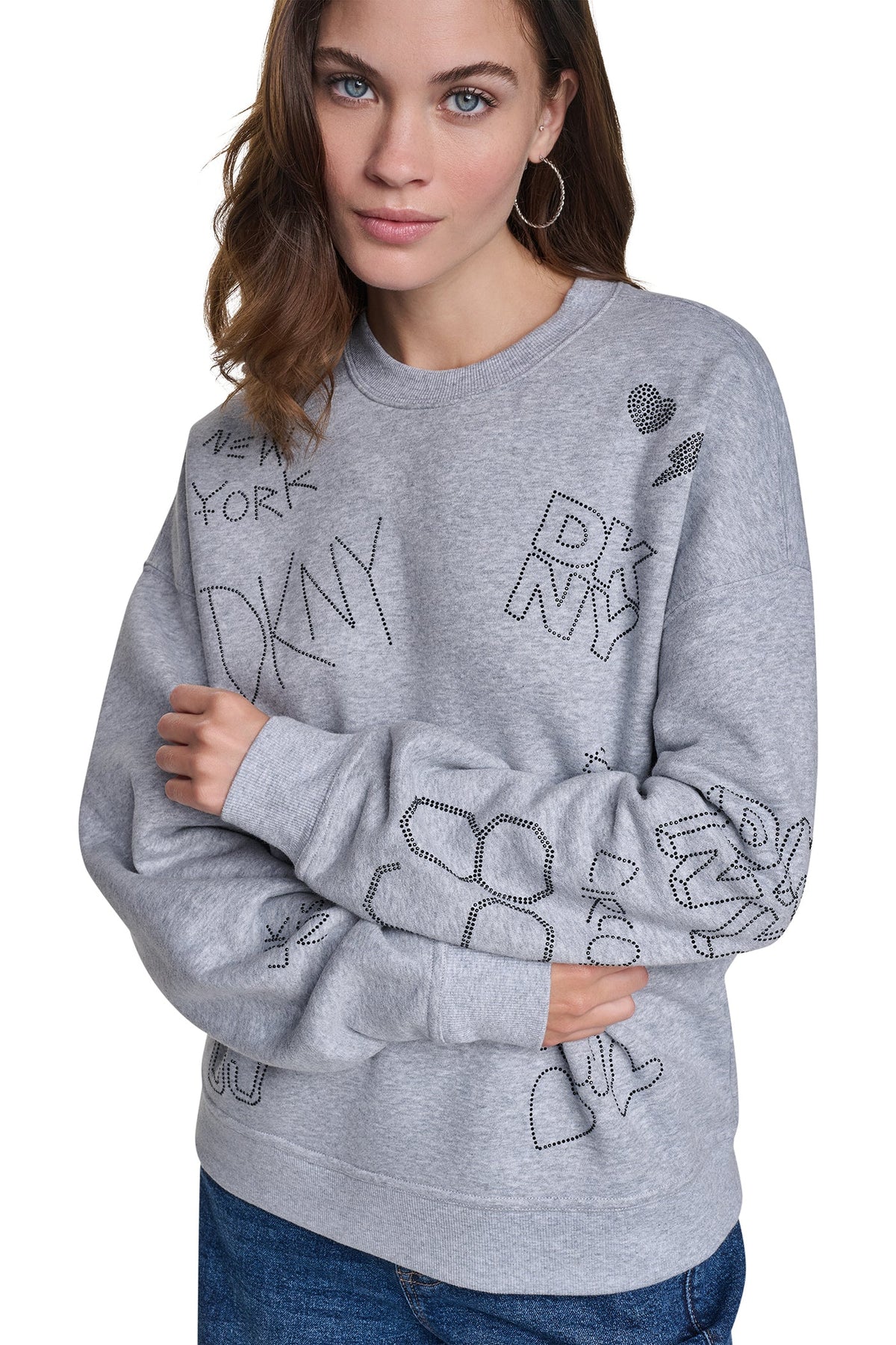 RHINESTONE GRAFFITI LOGO SWEATSHIRT - Pearl Grey Heather/Black | DKNY