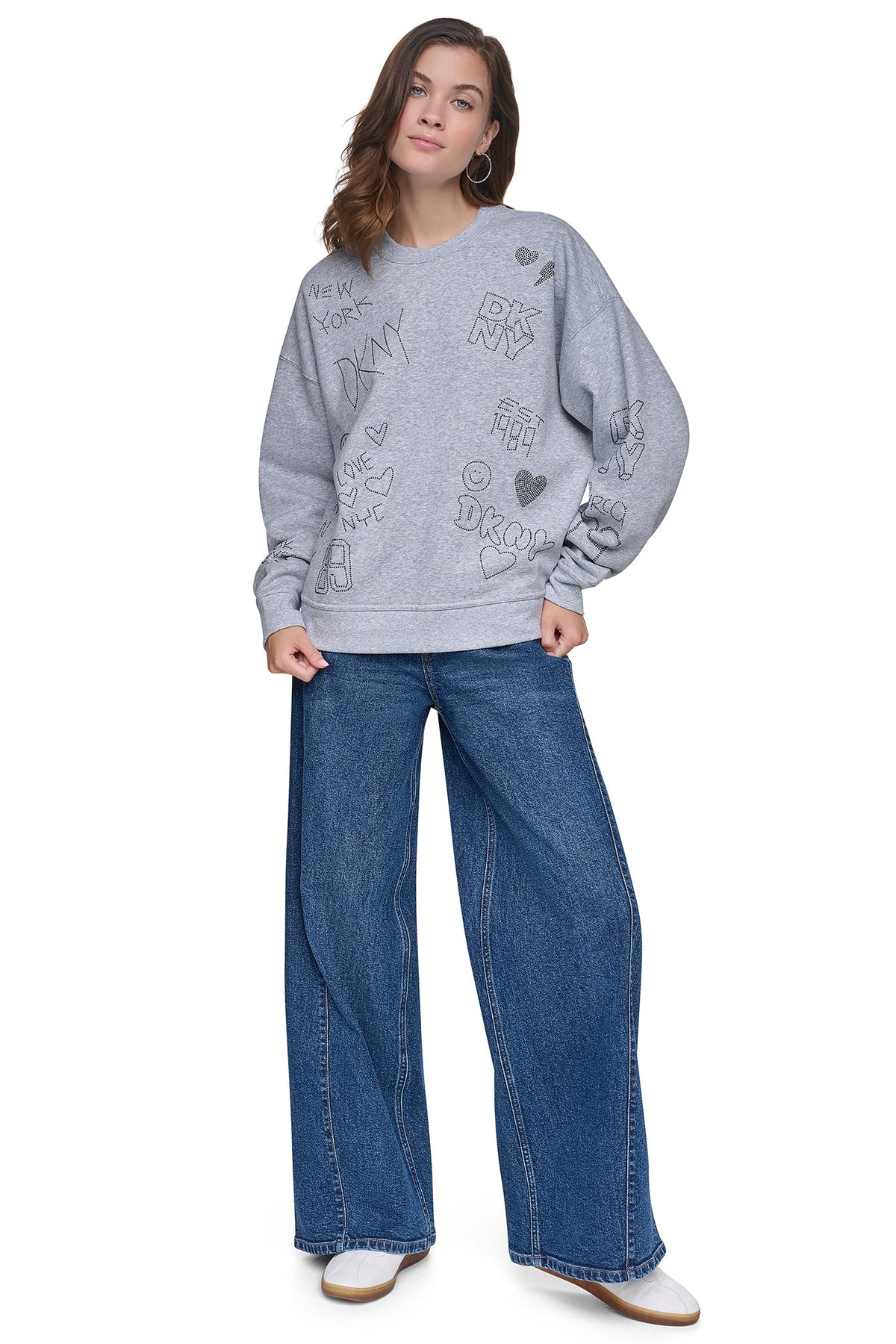 RHINESTONE GRAFFITI LOGO SWEATSHIRT - Pearl Grey Heather/Black | DKNY