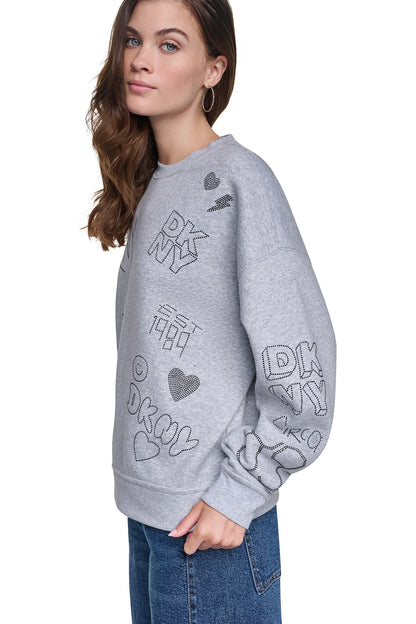 RHINESTONE GRAFFITI LOGO SWEATSHIRT - Pearl Grey Heather/Black | DKNY