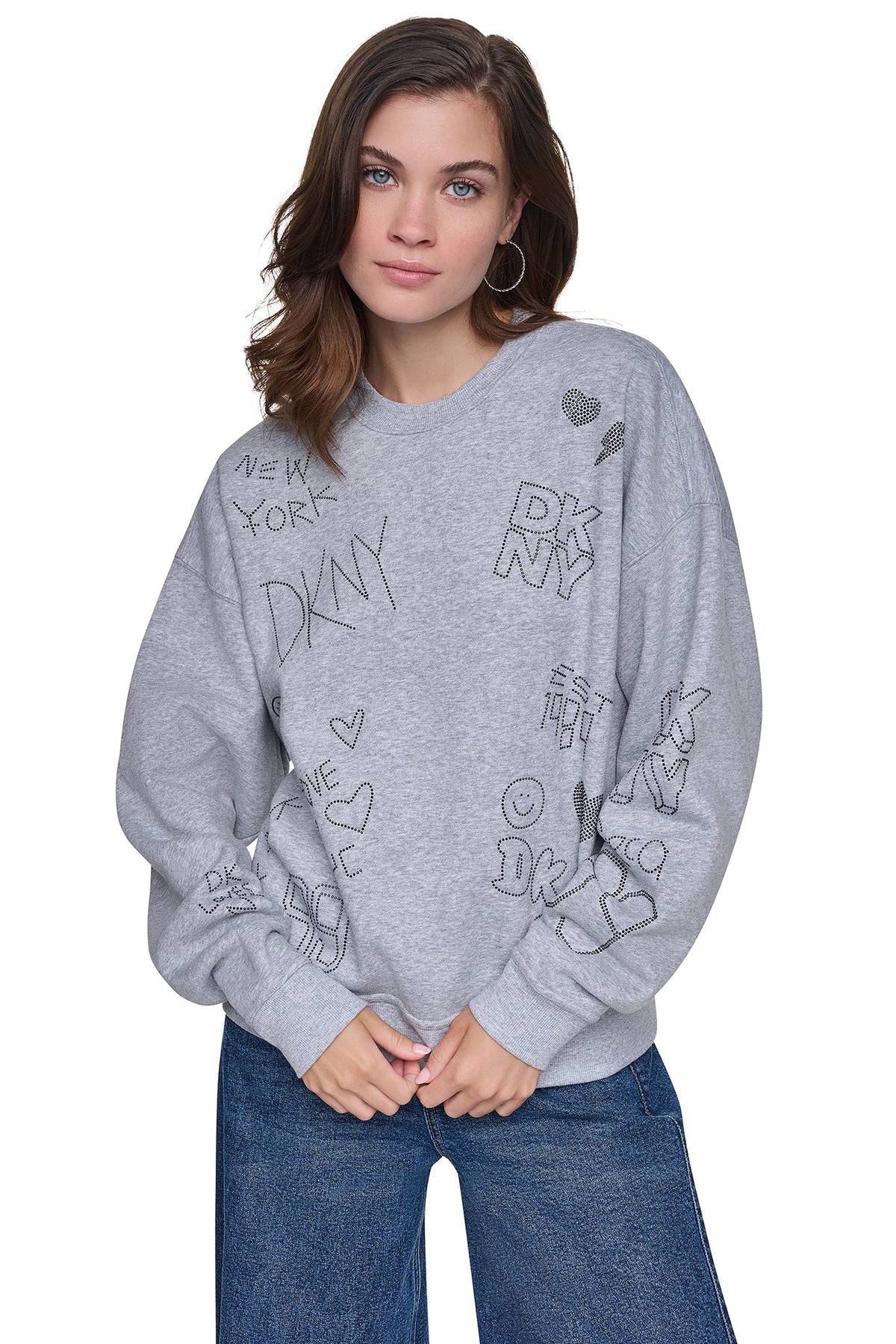RHINESTONE GRAFFITI LOGO SWEATSHIRT - Pearl Grey Heather/Black | DKNY