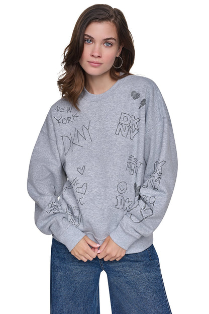 RHINESTONE GRAFFITI LOGO SWEATSHIRT - Pearl Grey Heather/Black | DKNY