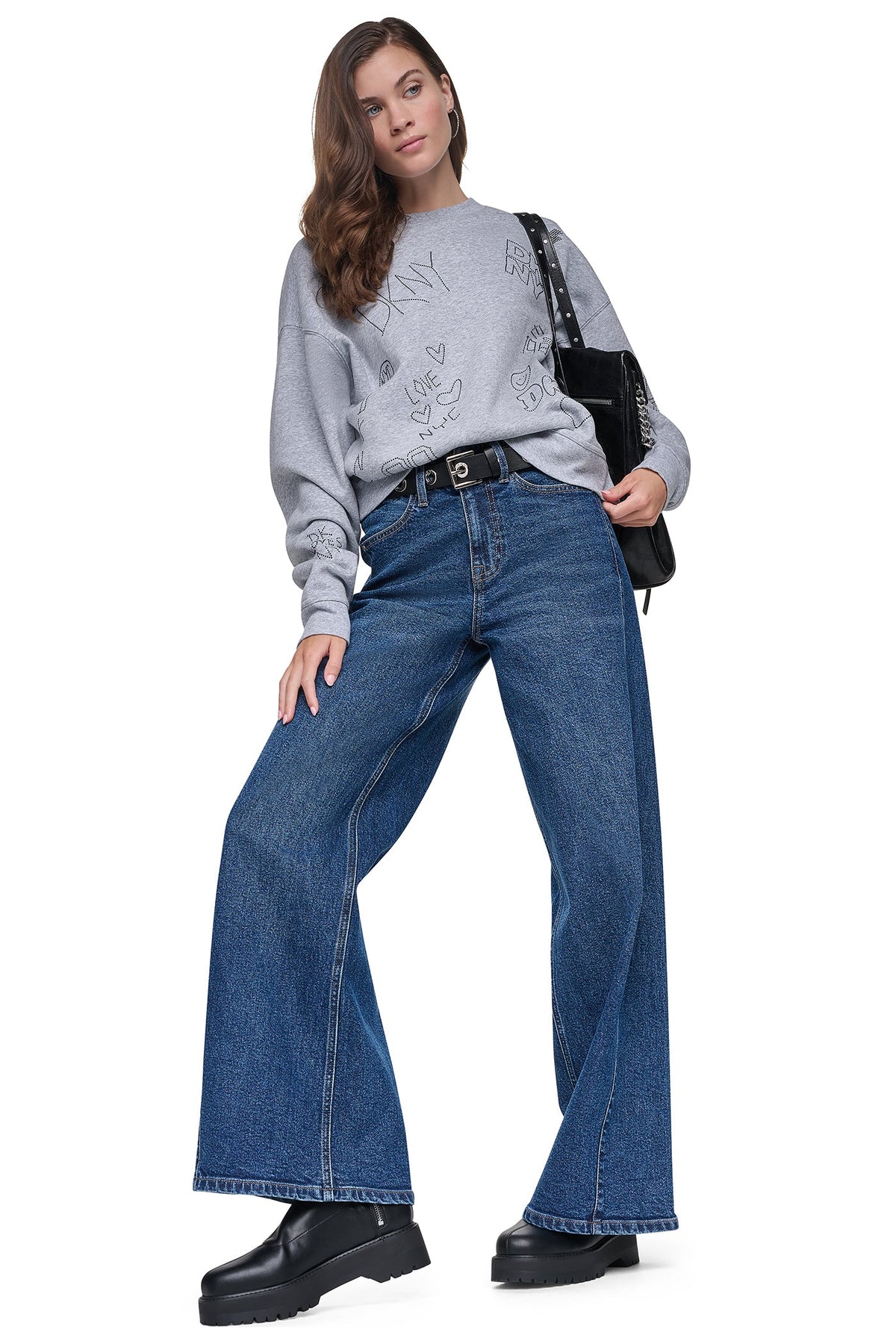 RHINESTONE GRAFFITI LOGO SWEATSHIRT - Pearl Grey Heather/Black | DKNY