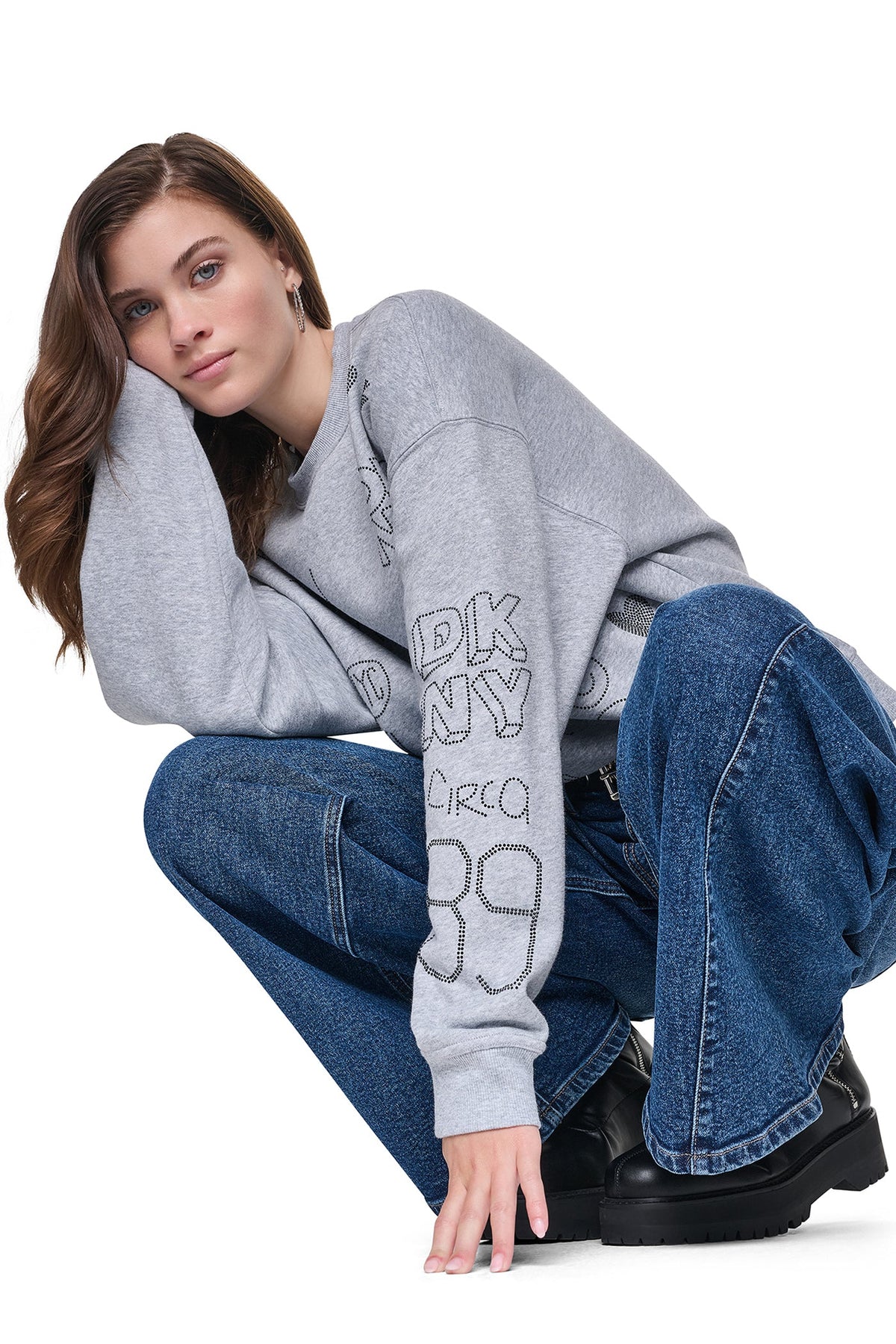 RHINESTONE GRAFFITI LOGO SWEATSHIRT - Pearl Grey Heather/Black | DKNY