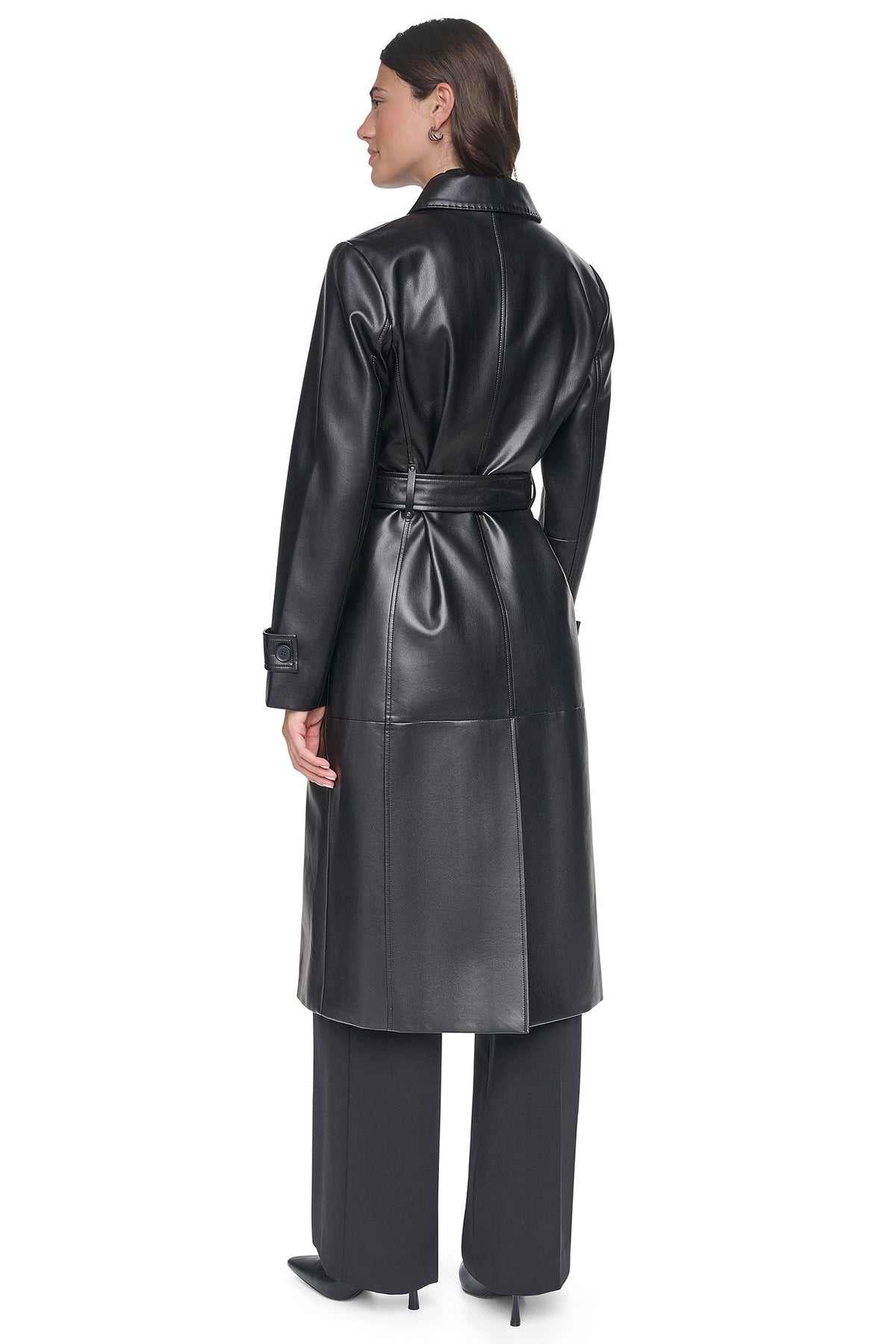 FAUX LEATHER BELTED LONG TRENCH - Black | DKNY