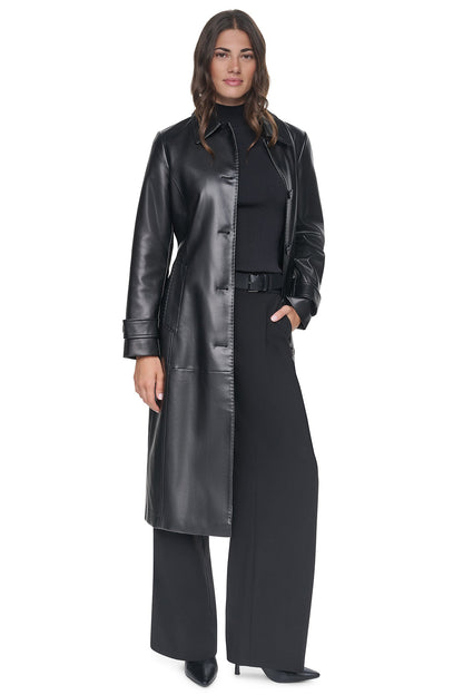 FAUX LEATHER BELTED LONG TRENCH - Black | DKNY