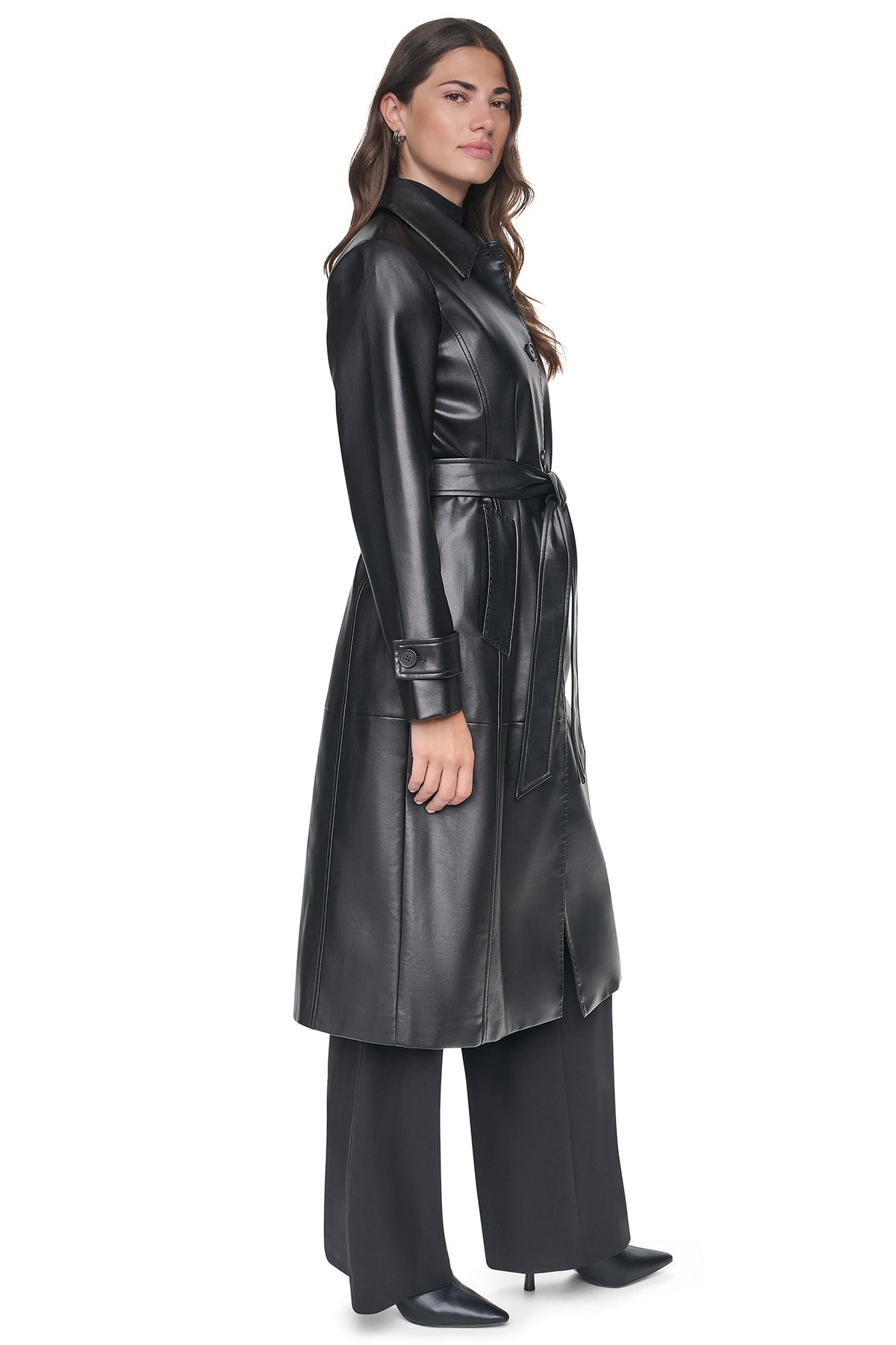 FAUX LEATHER BELTED LONG TRENCH - Black | DKNY