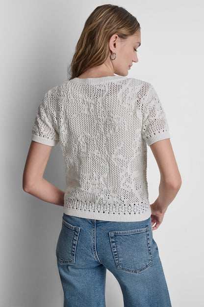 LACE STITCH BUTTON FRONT CARDIGAN - Pastel Yellow | DKNY