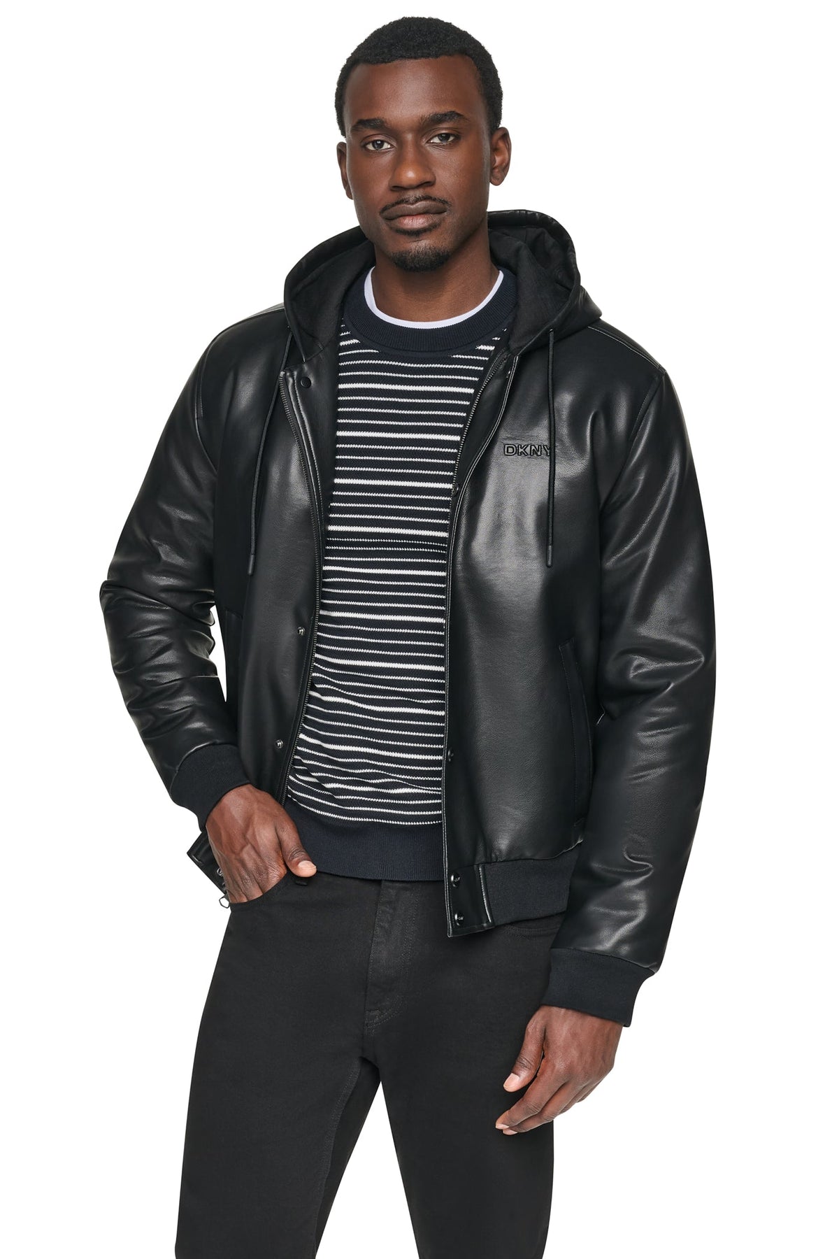 FAUX LEATHER HOODED BOMBER JACET - Black | DKNY