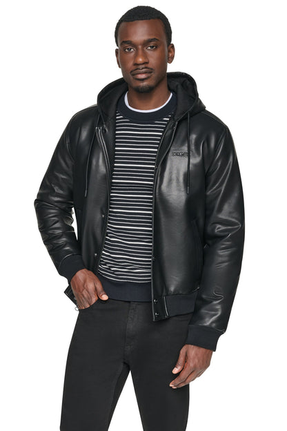 FAUX LEATHER HOODED BOMBER JACET - Black | DKNY
