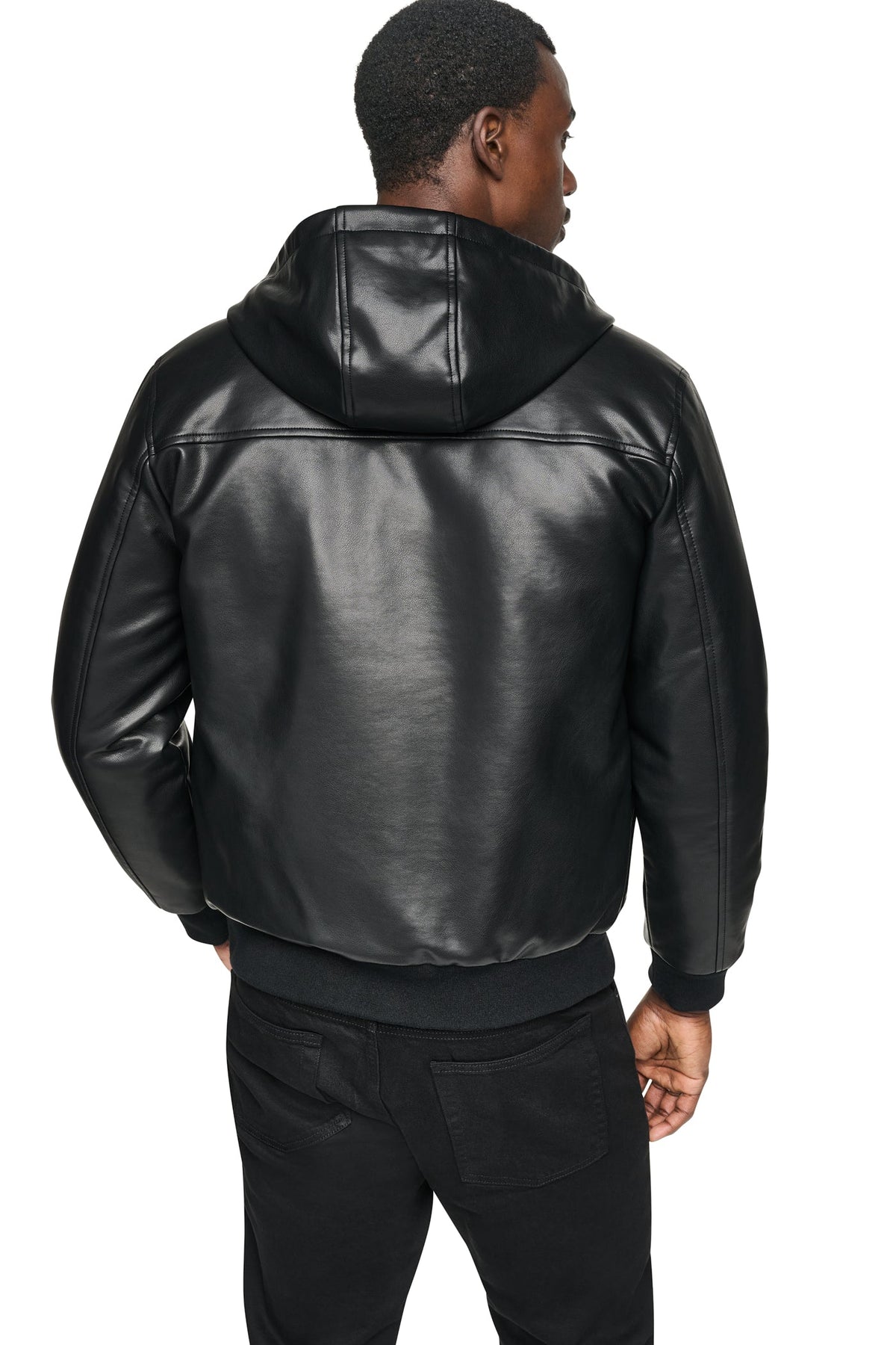 FAUX LEATHER HOODED BOMBER JACET - Black | DKNY