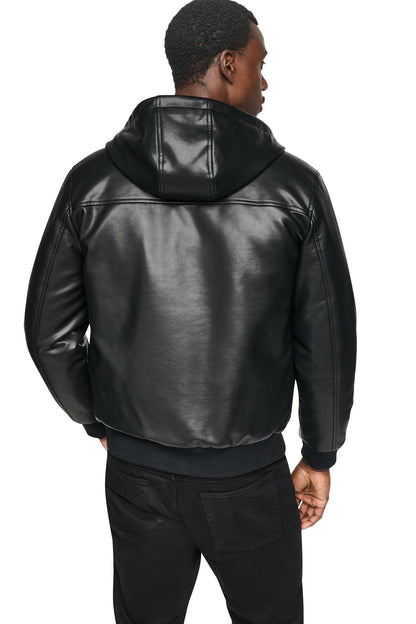 FAUX LEATHER HOODED BOMBER JACET - Black | DKNY