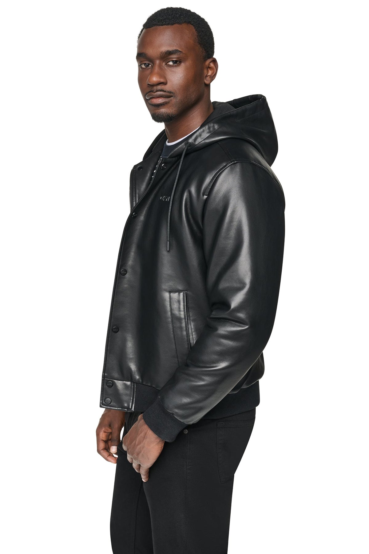 FAUX LEATHER HOODED BOMBER JACET - Black | DKNY