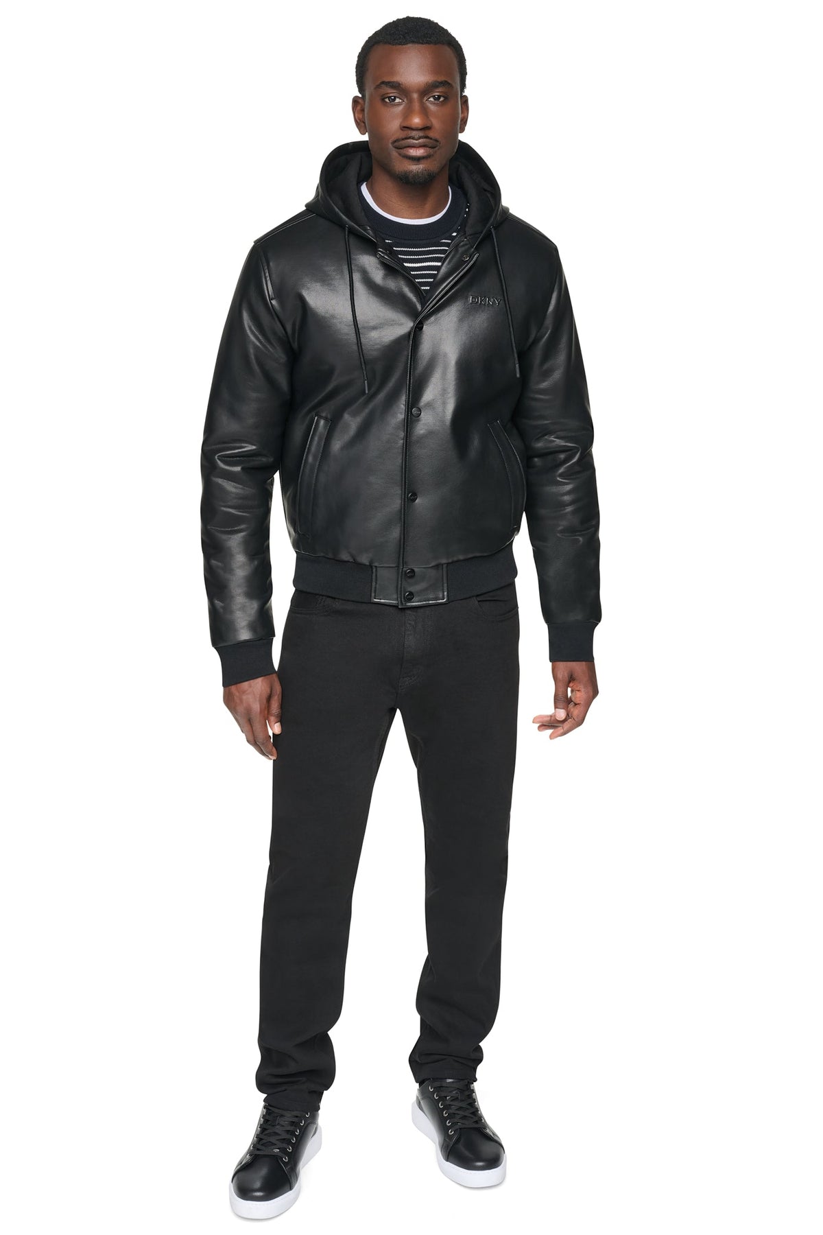 FAUX LEATHER HOODED BOMBER JACET - Black | DKNY
