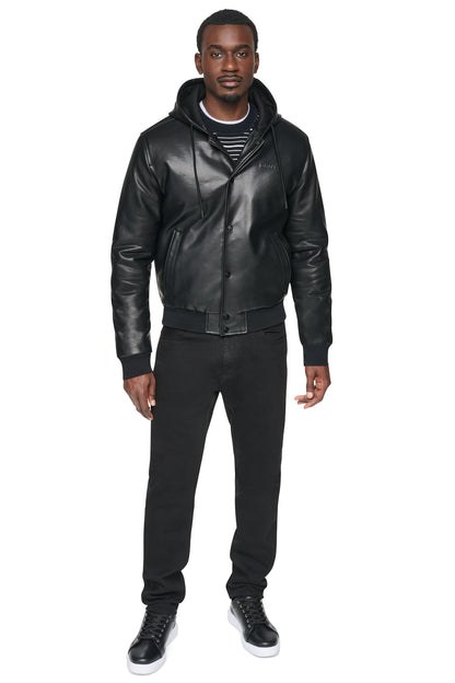 FAUX LEATHER HOODED BOMBER JACET - Black | DKNY