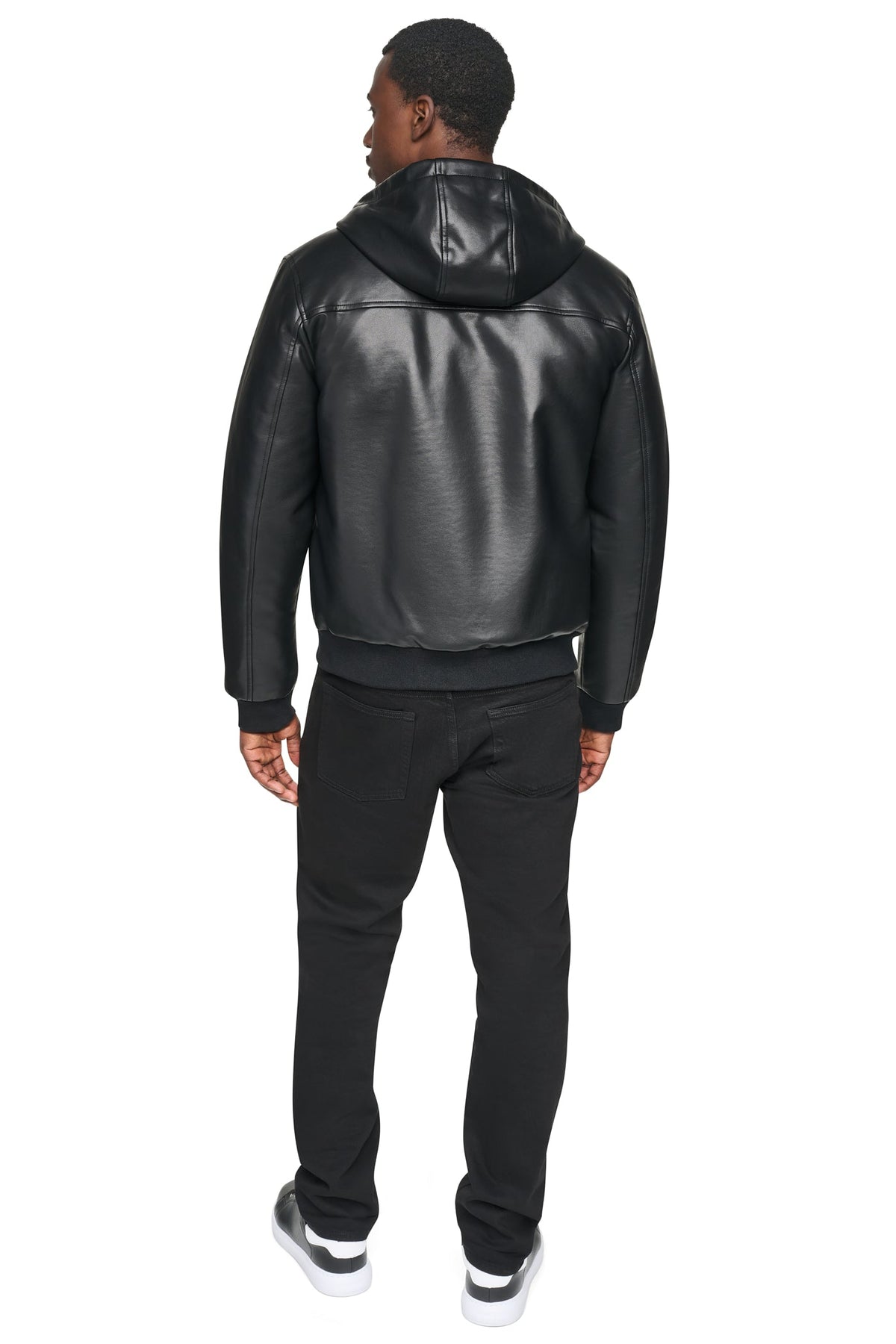 FAUX LEATHER HOODED BOMBER JACET - Black | DKNY