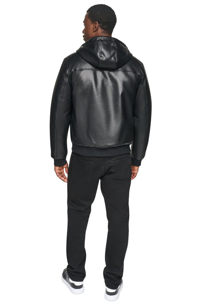 FAUX LEATHER HOODED BOMBER JACET - Black | DKNY