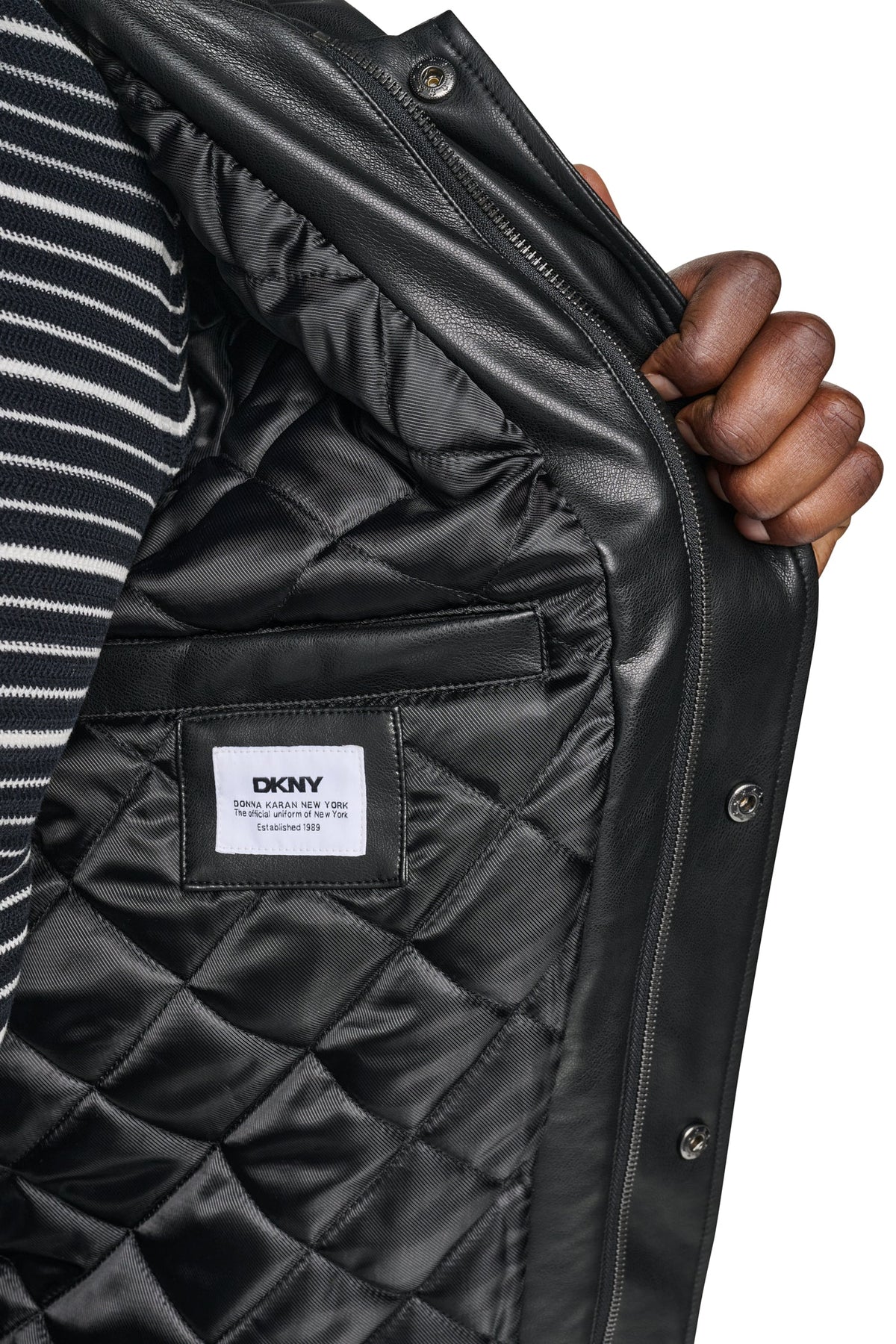 FAUX LEATHER HOODED BOMBER JACET - Black | DKNY