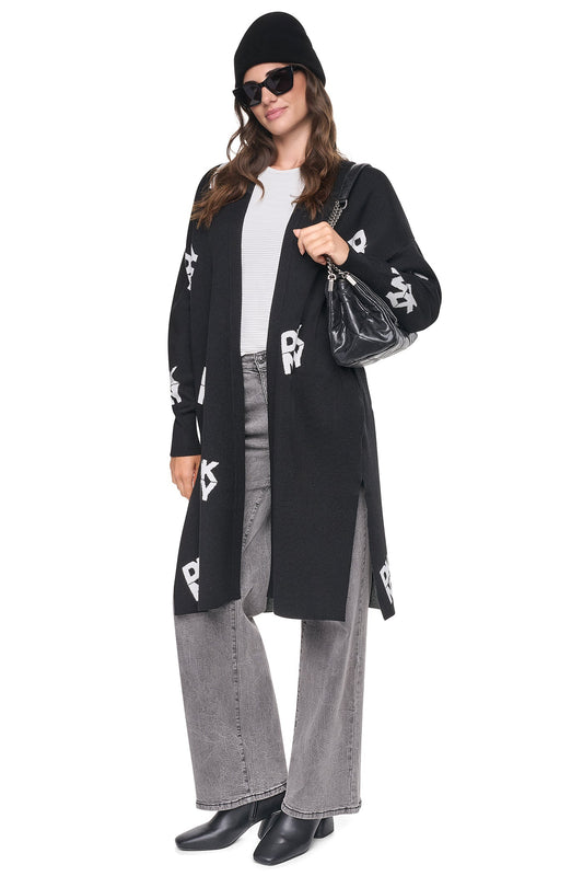 ALL-OVER STACK LOGO LONG CARDIGAN - Black/Ivory | DKNY